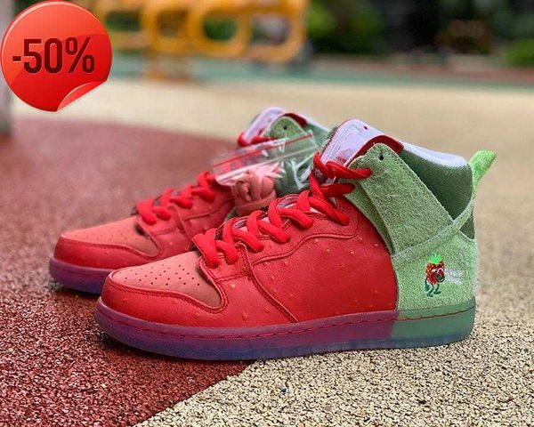 

sb dunks skatebord shoes high sneakers sports trendy strawberry colorway red upper green hairy suede leather upper rubber outsole style size, Black