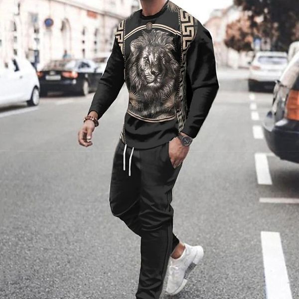 

mens tracksuits mens set fashion casual lion summer tracksuit sportwear clothes oversized t shirt long sleeve tshirts pants 2 piece sets 220, Gray