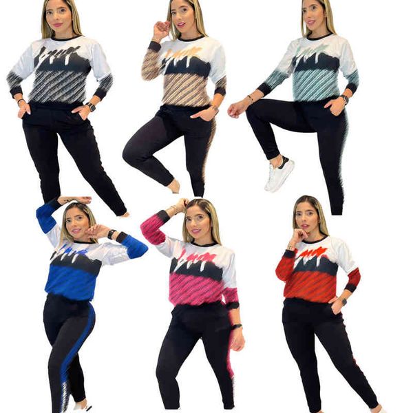 

j2729 autumn casual women suit round neck print fashion trousers two-piece suit, White