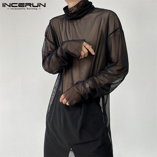 

men's tshirts men t shirt mesh see through turtleneck long sleeve tee underwear streetwear party nightclub camisetas incerun 220915, White;black