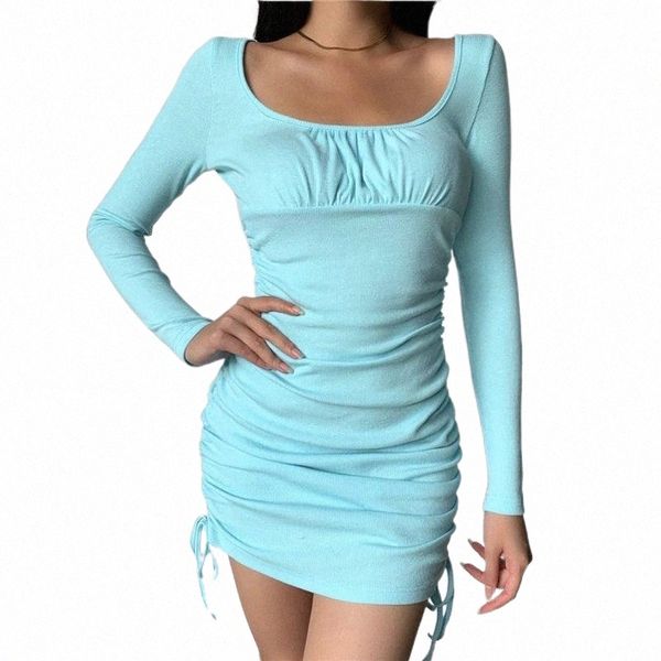 

long sleeve bodycon dress women summer square collar mini drawstring ruched puff short party casual dresses 708t#, Black;gray