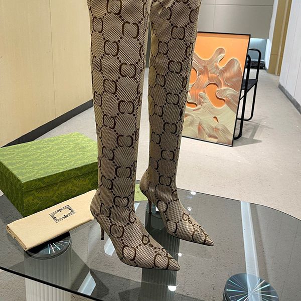

designer boots women fashion women's knitted socks boots luxury 2022 elastic bootss fine heel 8cm thigh high boot breathable elastics p, Black