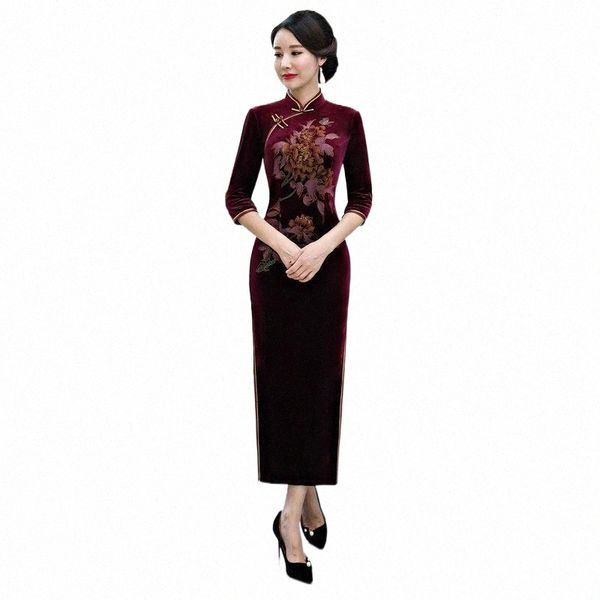 

purple vintage flower print chinese dress plus size -4xl female slim long cheongsam elegant mandarin collar novelty qipao e5q5#, Red