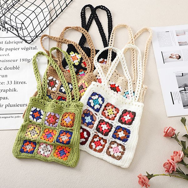 

evening bags contrast color design crochet hand knit large capacity shoulder woven knitting plaid multicolor women s 220915