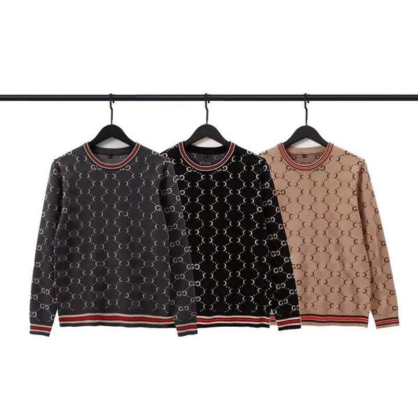 

men's sweater black and grey coffee-coloured checked stripe brand alphabet logo casual fashion knit warm wool round neck guard pilling, White;black