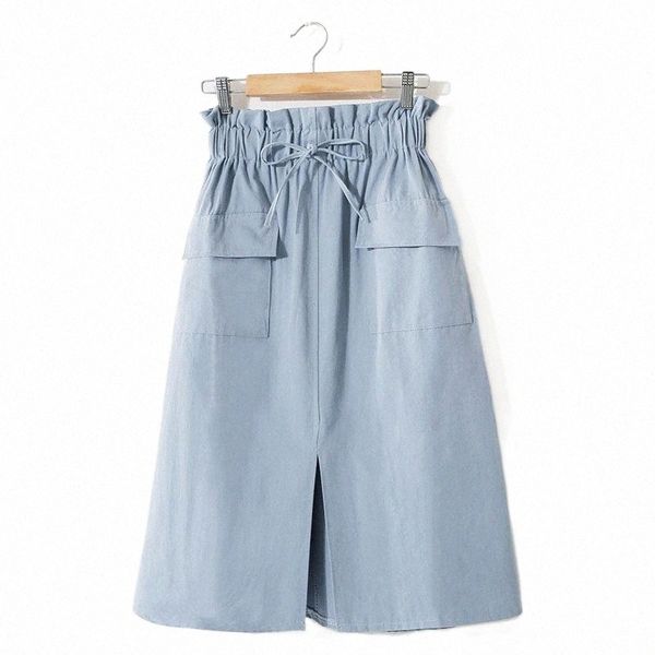 

summer women cotton skirt spring solid split flower bud pocket elastic girls high waist a-line office ladies midi skirts faldas x64d#, Black