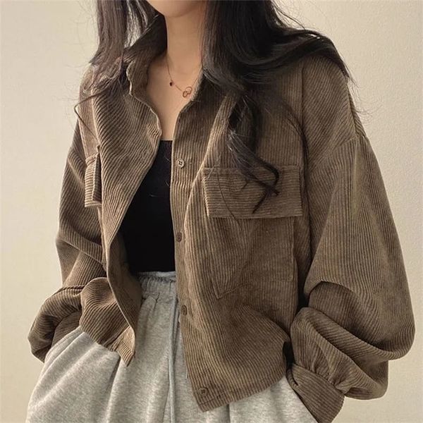 

womens jackets fashion corduroy jacket womens autumn korean simple single breasted long sleeve lapel solid jacket 220915, Black;brown