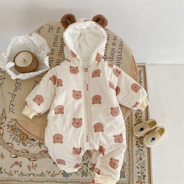 

rompers winter plus velvet warm bear print hooded romper cotton jumpsuit girl baby children clothing boy hat coat 220915, Blue