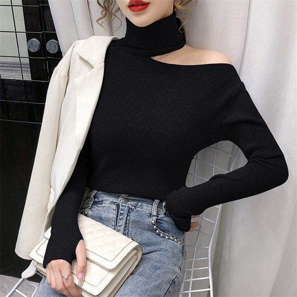 

women's knits tees autumn winter thick sweater women knitted ribbed pullover sweater off shoulder turtleneck slim jumper soft warm pull, White