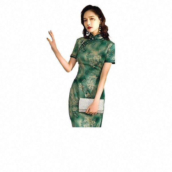 

sheng coco green silk hualuo chinese dress with beading breathable qipao long dresses summer oriental style dresses qi plus size l7uz#, Red