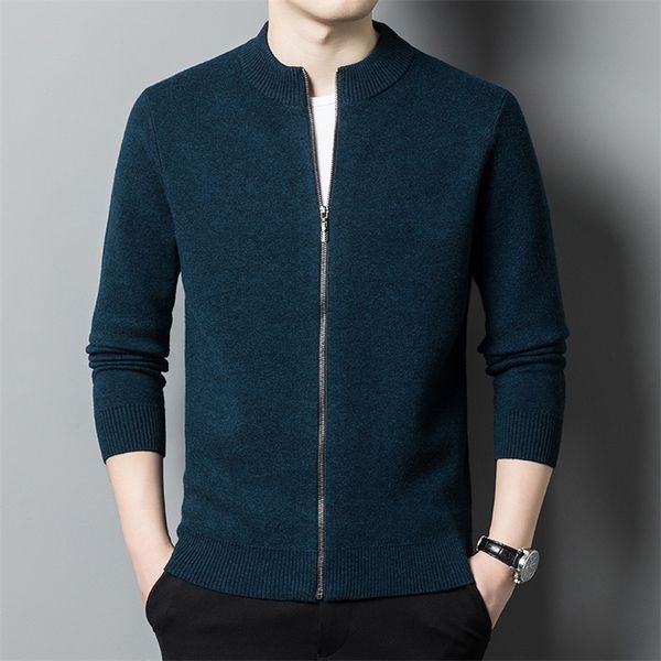 

men's wool blends autumn and winter pure wool sweater long-sleeved cardigan round neck collar zipper sweater men's coat 220915, Black