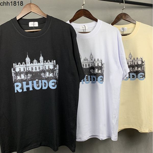 

high version 2022 summer new american fashion brand rhude hd castle printed short sleeve t-shirt for men and women, White;black