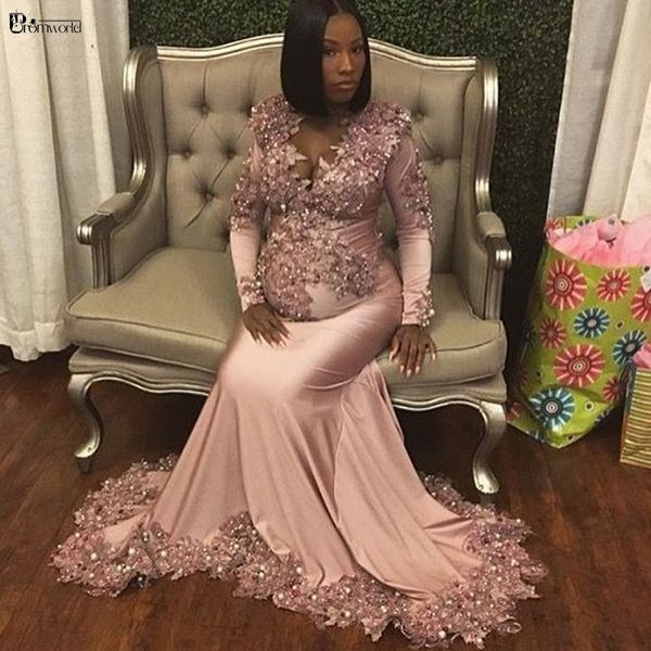 

rose gold maternity evening dresses mermaid lace sequins african pink beaded long sleeve formal prom gown for pregnant women, Black;red