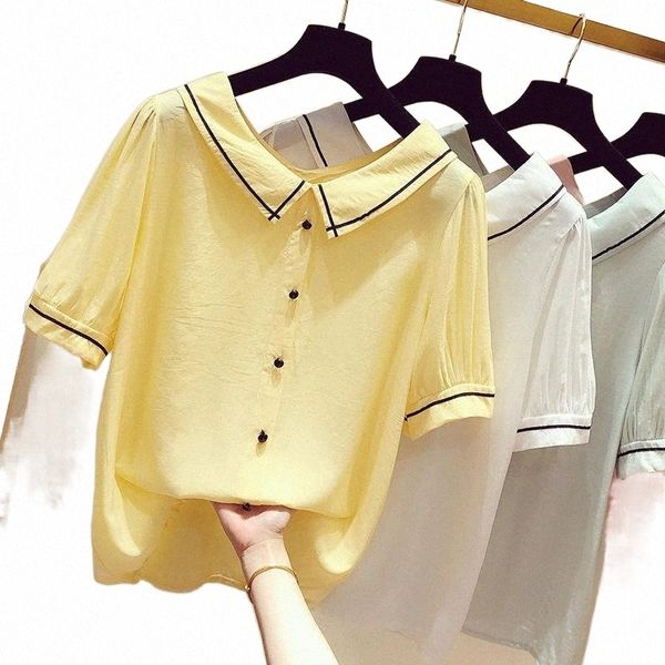 

summer korean chiffon shirt girl short sleeve turn down collar blouse women student fashion preppy style shirts h9094 women's blouses &, White