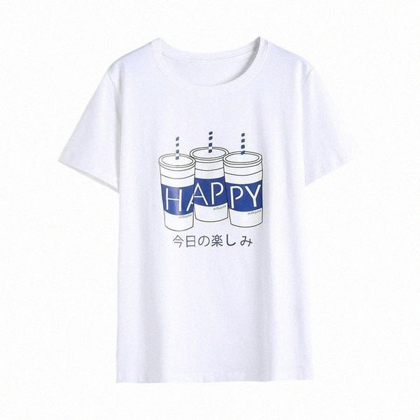 

t shirt women 2021 vintage friends letter happy letter print t-shirt summer tshirt white o-neck short tees i54k#