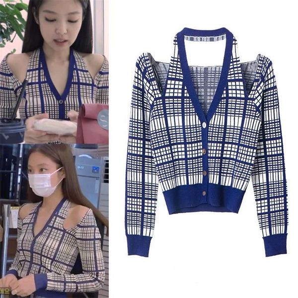

women's knits tees v neck hollow out korean fashion women knitted cardigans halter jennie sweaters female spring streetwear plaid check, White