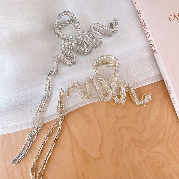 

irregular curve line shiny hair claws rhinestone long tassel metal clmaps for hair accessories women back head grab clip, Slivery;white