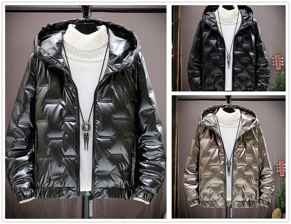 

mens winter leisure down jacket plus size outerwear coats lightweight hooded bright leather fashion white duck warm jackets prevent cold coa, Black