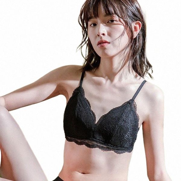 

french triangle cup no steel ring thin women's bra small chest lace bralette underwear bras 58io#, Red;black