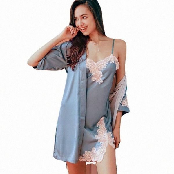 

women's sleepwear 2021 summer lady robe set lace strap nightgown half sleeve bathrobe sleepshirt bride dressing bath gown loose 98gl#, Black;red