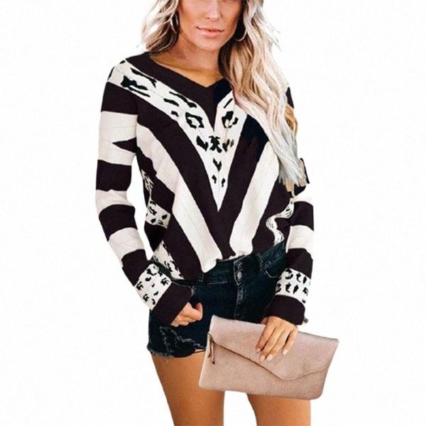 

fashion ladies long sleeve t-shirt 2021 new spring v-neck leopard striped printed 5xl plus size loose casual t shirt women w3xs#, White