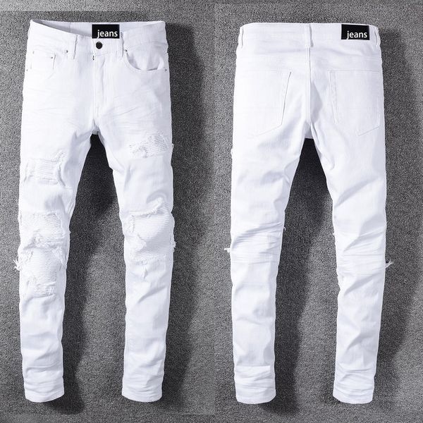 

men's jeans slim fit white jeans frayed patch skinny casual pants, Blue