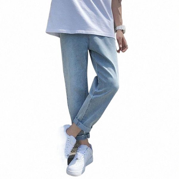 

korean mid waist jeans women men solid harem pants loose casual plus size denim trousers femme with drawstring female pants male e48z#, Blue