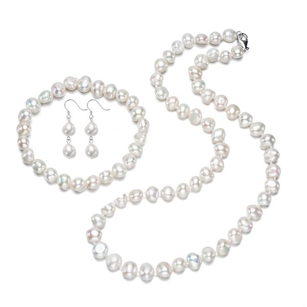 

grey earrings bracelet necklace natural freshwater pearl 8mm irregular baroque real jewelry set for women girl party gift fashion accessorie, Golden;silver