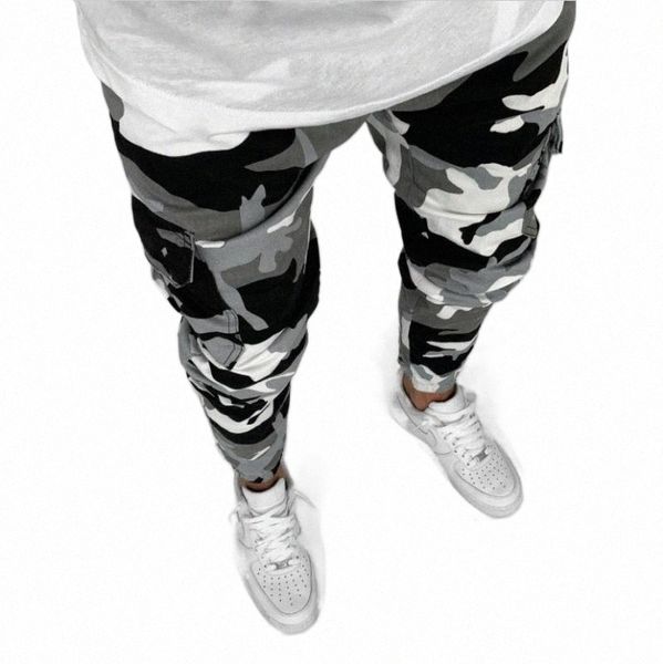 

european and american men's camouflage multi-pocket overalls with small feet elastic slim fashion jeans c7bj#, Blue