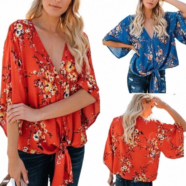 

summer womens floral chiffon blouse ladies half sleeve shirts clothes casual sashes deep v-neck loose clothing s-xl women's blouses &, White