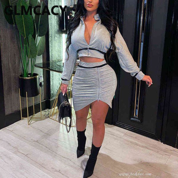 

women's two piece pants women two piece casual dress suits long sleeve zip up crop bodycon mini skirt set t220902, White
