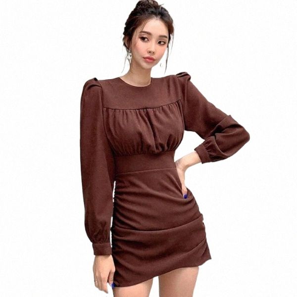

korea spring elegant office puff sleeve bodycon casual slim ruched drawstring club mini dress vestidos l4rv#, Black;gray