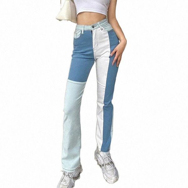 

color block fashion patchwork jeans high waist wild casual daily shopping dating wear buttoms chic straight pants trousers women's r6jc, Blue