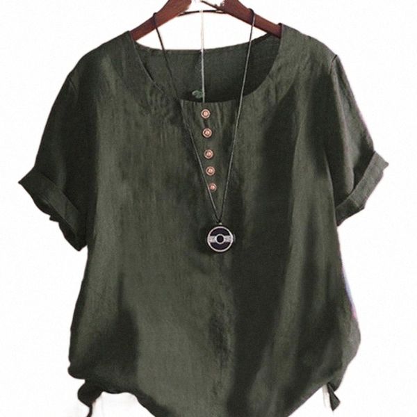 

women cotton linen blouse vintage short sleeve early autumn o-neck print t-shirt plus size women's blouses & shirts i0ps#, White