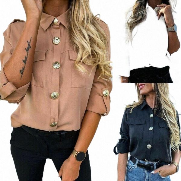 

women's formal casual blouse fashion long sleeve solid color button tunic lady girls shirts 3 colors blouses m0gr#, White