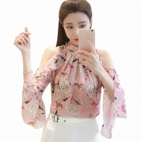 

ladies summer blouses floral print women shirts flare long sleeve chiffon blusas feminina off shoulder blouse mujer women's & c0lb#, White