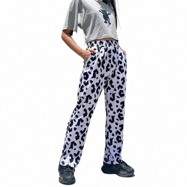 

women pants cow-skin pattern casual loose slimming wear side pockets bottoms high-waist trousers without fading bright and cute women's, Black;white