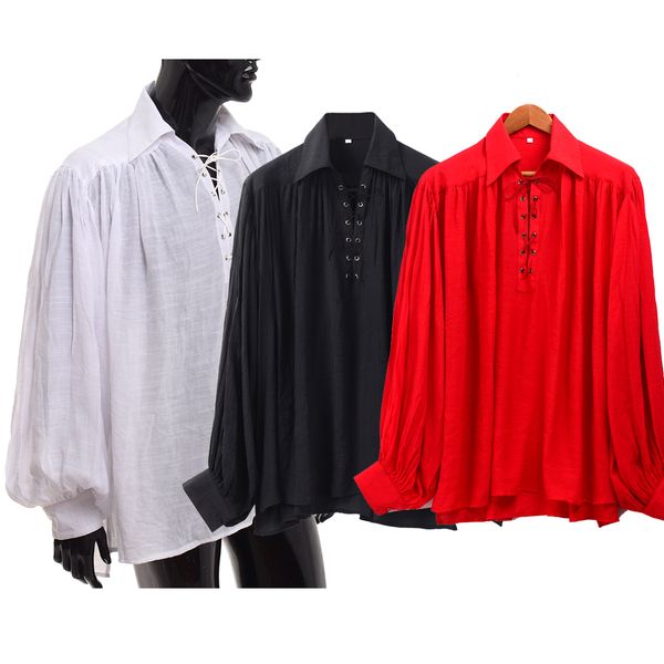 

medieval pirate shirt for women men costume renaissance viking poet theater blouse white/red/black halloween carnival party long sleeve, Black;red