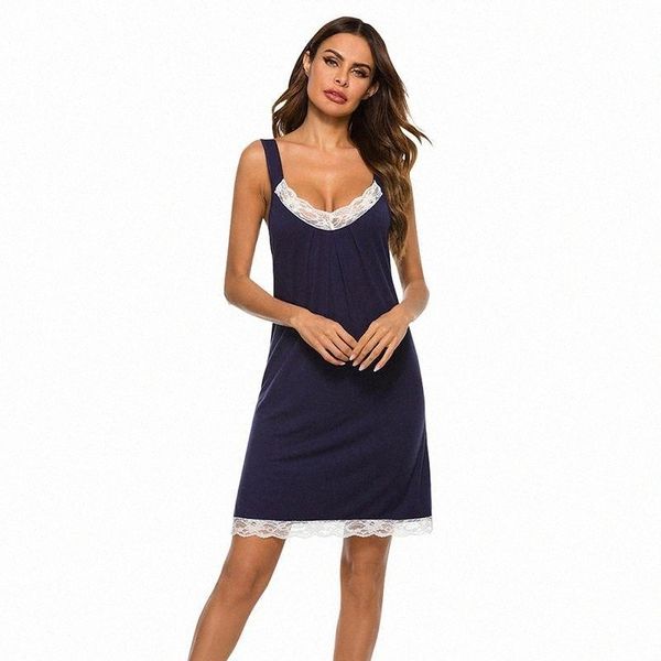 

women's sleepwear ladies solid color cotton v-neck sling nightdress casual home wear lace skin friendly homewear summer w1 w3l6#, Black;red