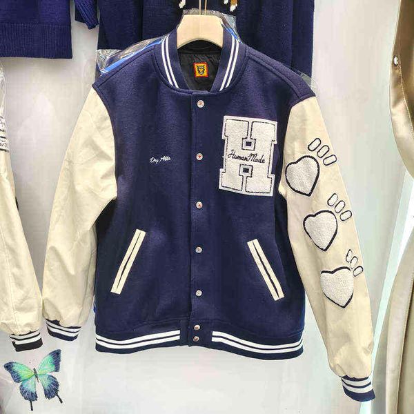 

men's jackets human made varsity jacket sheep tweed uniform love embroidery leather sleeve baseball jacket t220914, Black;brown