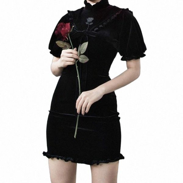 

demo gothic elegant velvet dress women stand collar short sleeve rose embroidery high waist party female autumn 2021 casual dresses l9wv#, Black;gray