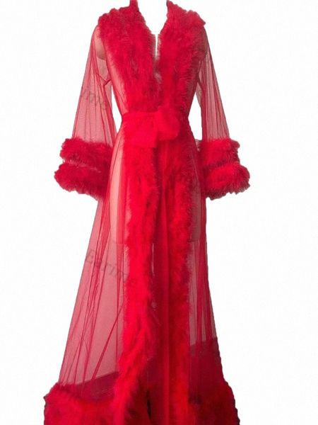 

women's sleepwear red passion ladies robe fur nightgown bathrobe pajamas bridal marabu party gift bridesmaid dress q983#, Black;red