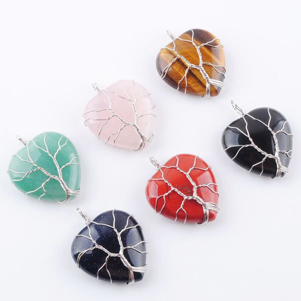 

natural stone beads tree of life pendants silvers color wire wrap weave charms reiki love heart jewelry bn362, Silver
