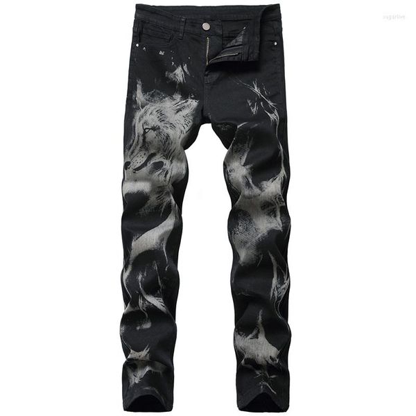 

men's jeans 2022 men's black selling wolf totem printed pants nightclub hip hop elastic force trousers, Blue