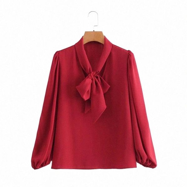 

women's blouses & shirts merodi spring girls fashion knotted v-neck mg loose red women casual long puff sleeve chiffon blouse chic x3h, White
