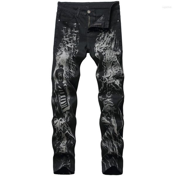 

men's jeans printed men's fashion original design leopard print black trousers stretch slim pants midwaist casual clothing, Blue