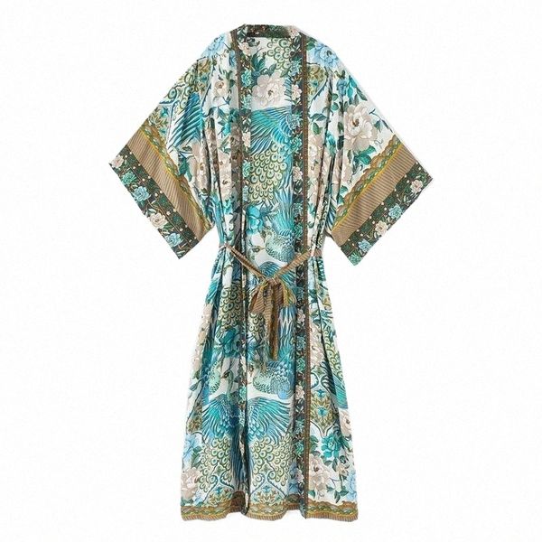 

bohemian v neck peacock flower print long kimono shirt ethnic lacing up with sashes long boho cardigan tie bow blouse v2vj#, White