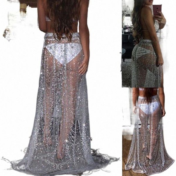 

see through beach rhinestone sequins decorated with split mesh perspective flashing party skirt women's fashion items e8hg#, Black