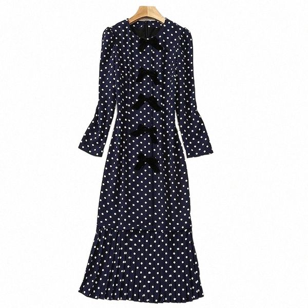 

svoryxiu designer autumn winter party mermaid long dress women's sleeve polka dot print bow elegant dresses vestdios casual p6bw#, Black;gray
