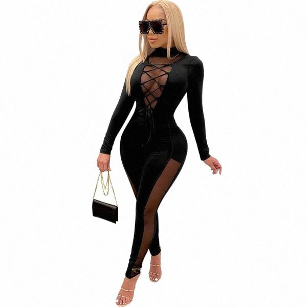 

abasona lace up patchwork mesh playsuits summer bodycon bandage party club 2021 rompers womens jumpsuit black blue burgundy women's jum, Black;white